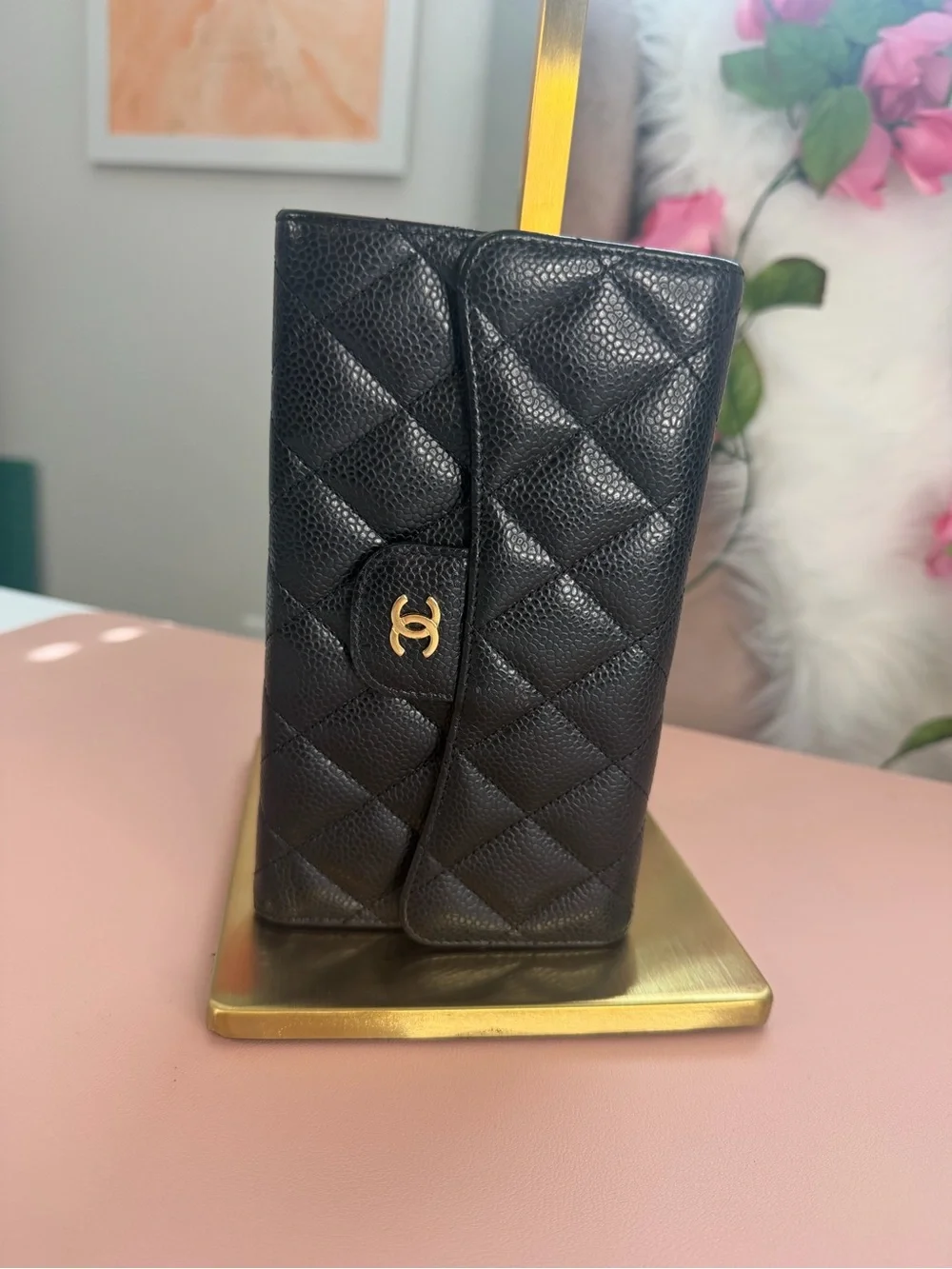 CHANEL Black Caviar Leather Classic Flap Wallet Medium Trifold Gold CC Vintage